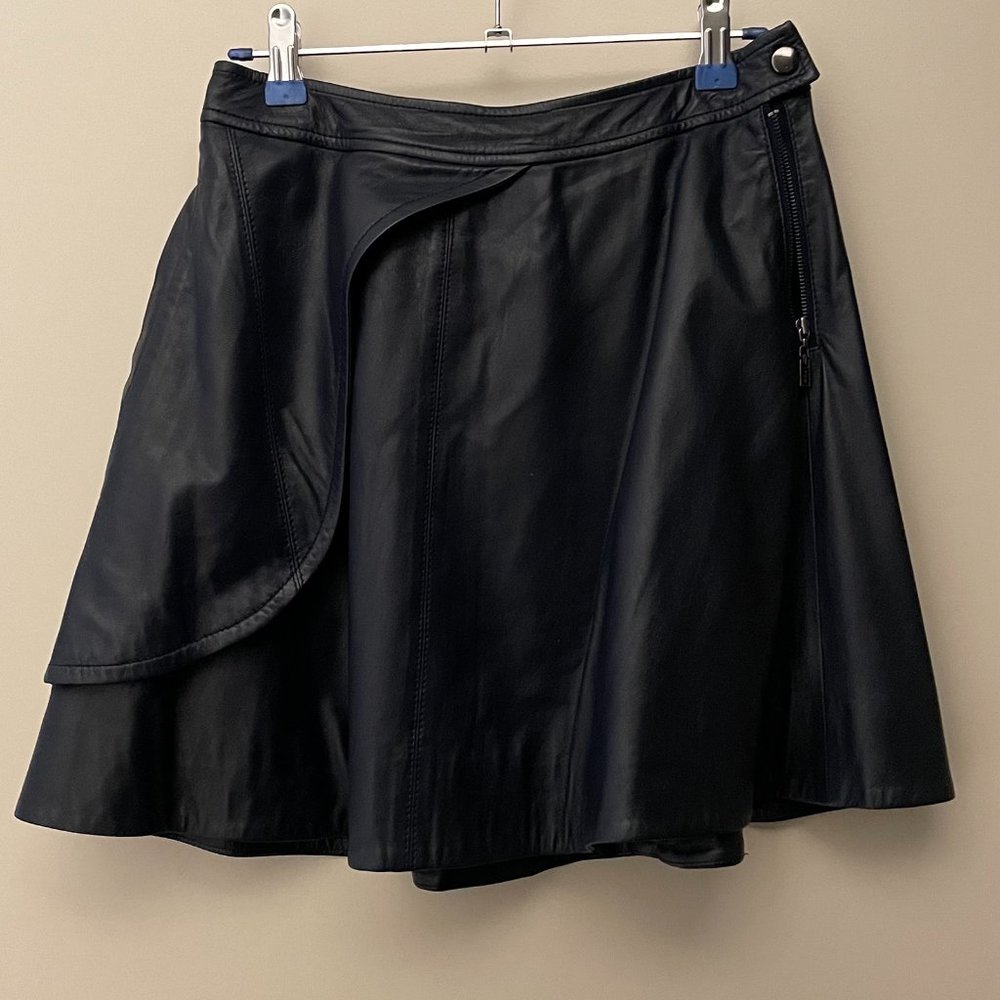 ICB Navy Flare Casual Side Zipper Genuine Sheepskin Leather Mini Skirt